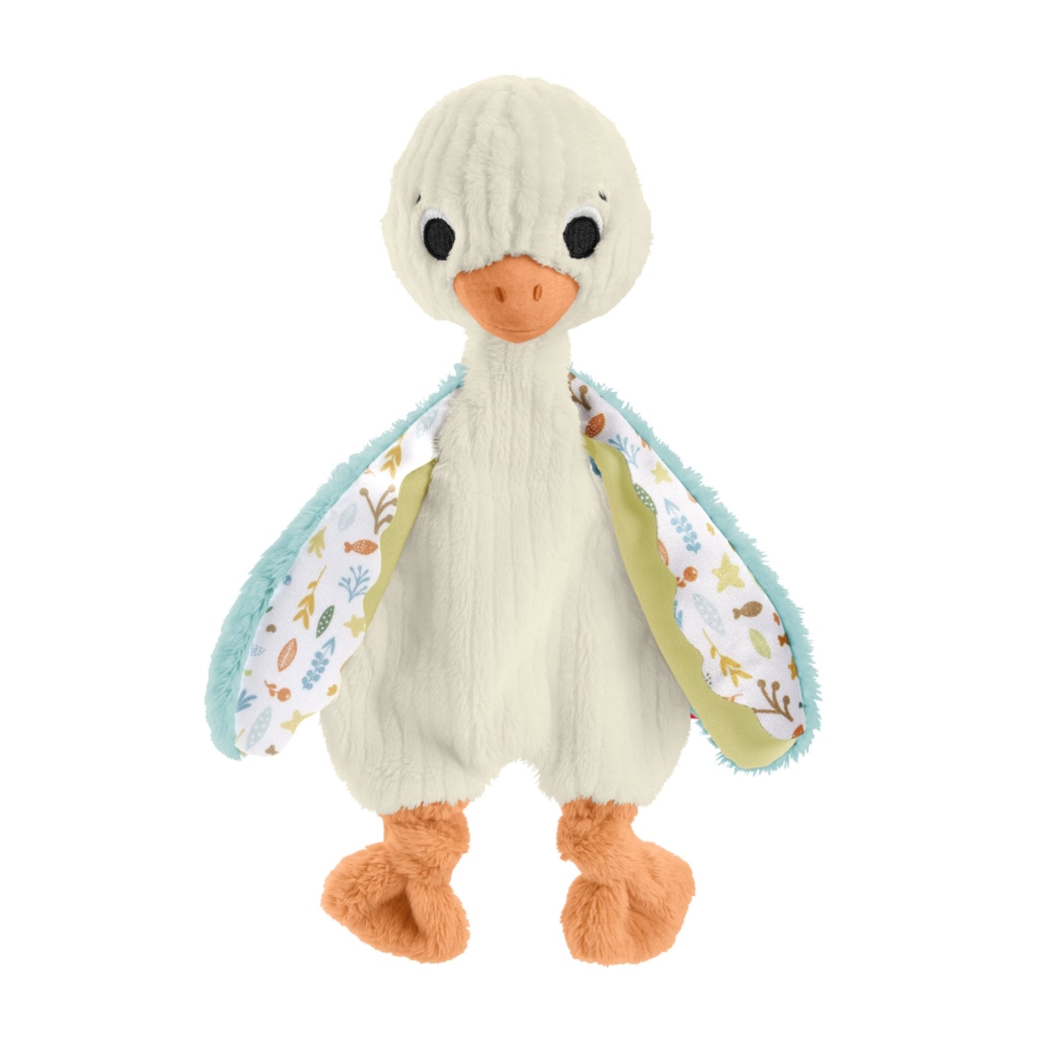 Pato de peluche suave, color blanco y naranja, vista frontal, juguete para niños